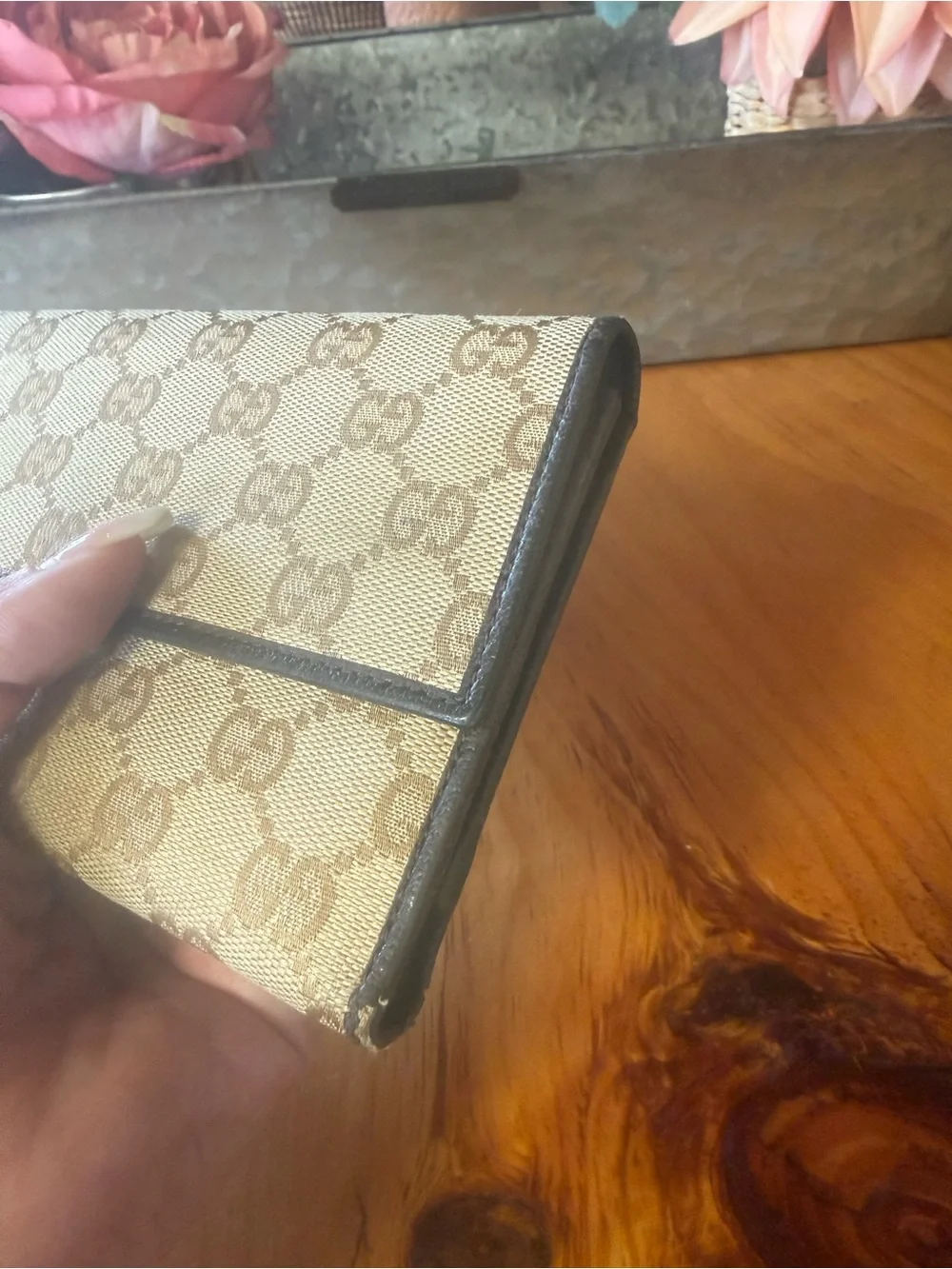Gucci Beige and Dark Brown Monogram Fold Wallet 2573034276